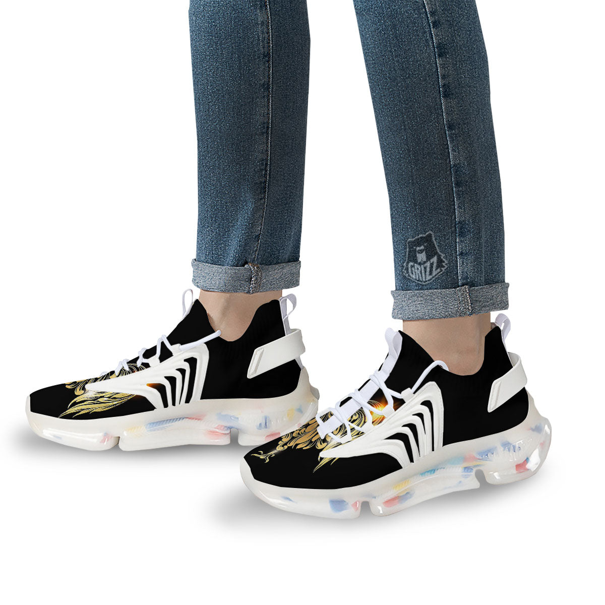 Rooster Golden Print White Gym Shoes-grizzshop
