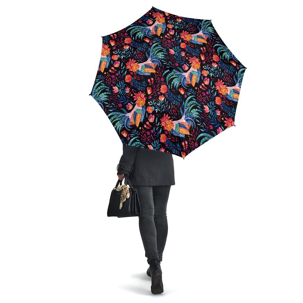 Rooster Hand Drawn Pattern Print Automatic Foldable Umbrella-grizzshop