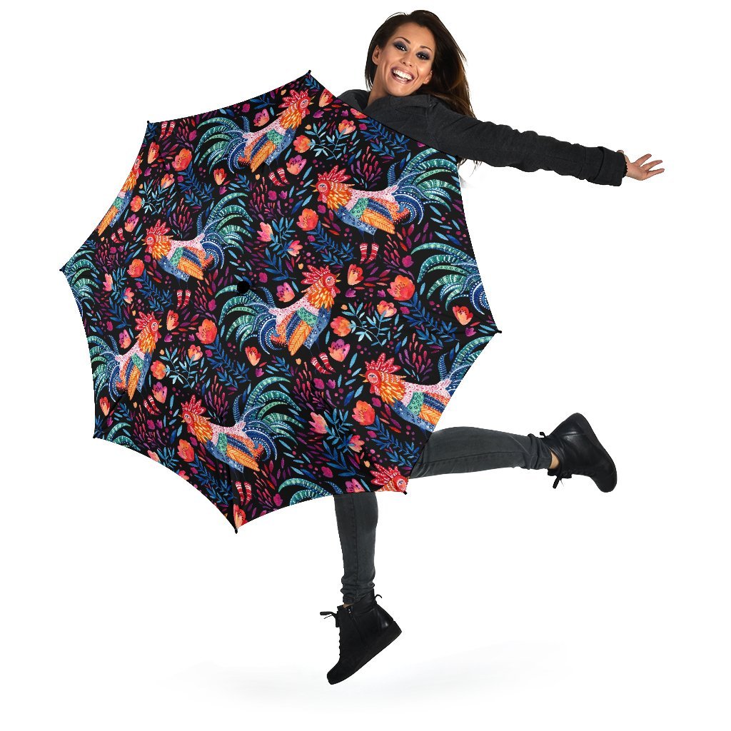 Rooster Hand Drawn Pattern Print Automatic Foldable Umbrella-grizzshop