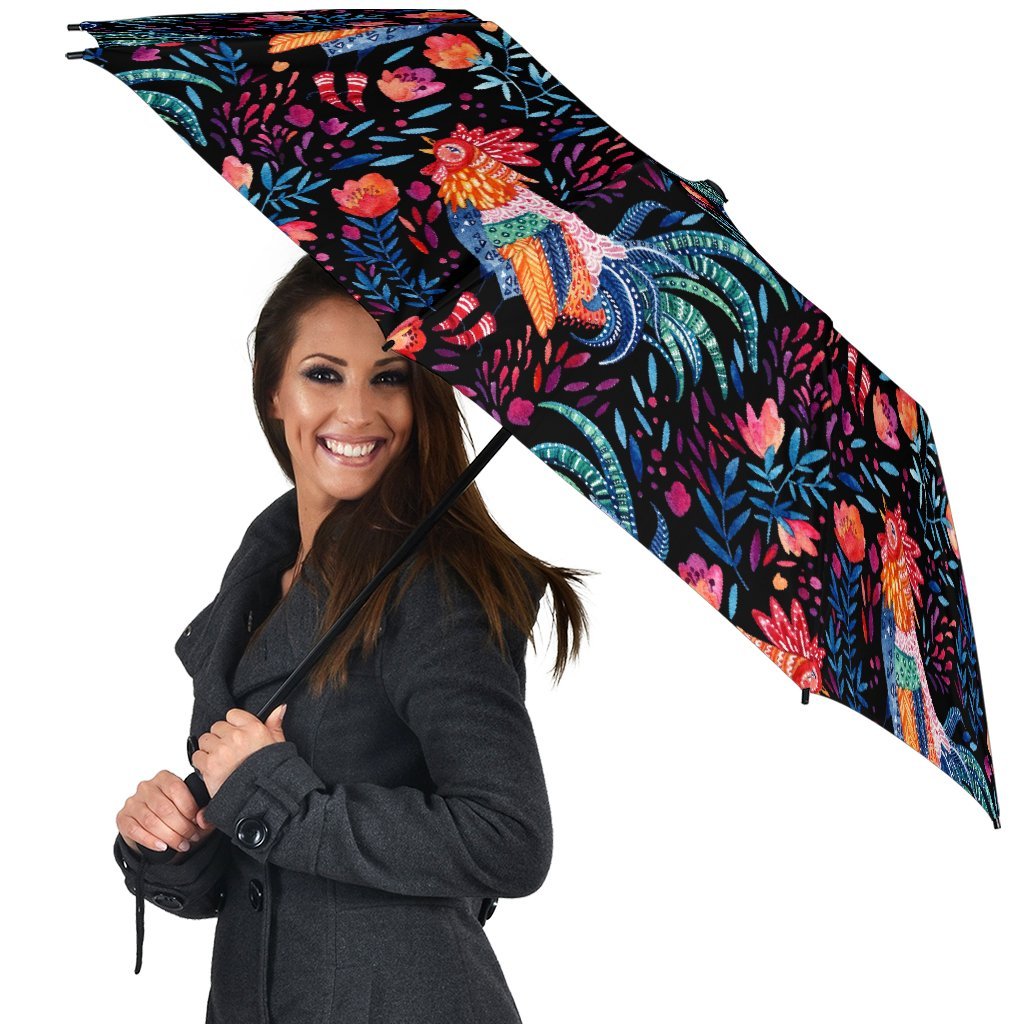 Rooster Hand Drawn Pattern Print Automatic Foldable Umbrella-grizzshop