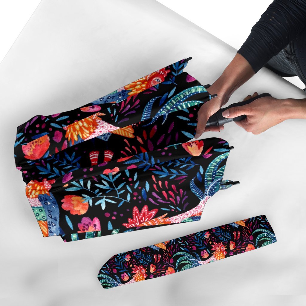 Rooster Hand Drawn Pattern Print Automatic Foldable Umbrella-grizzshop