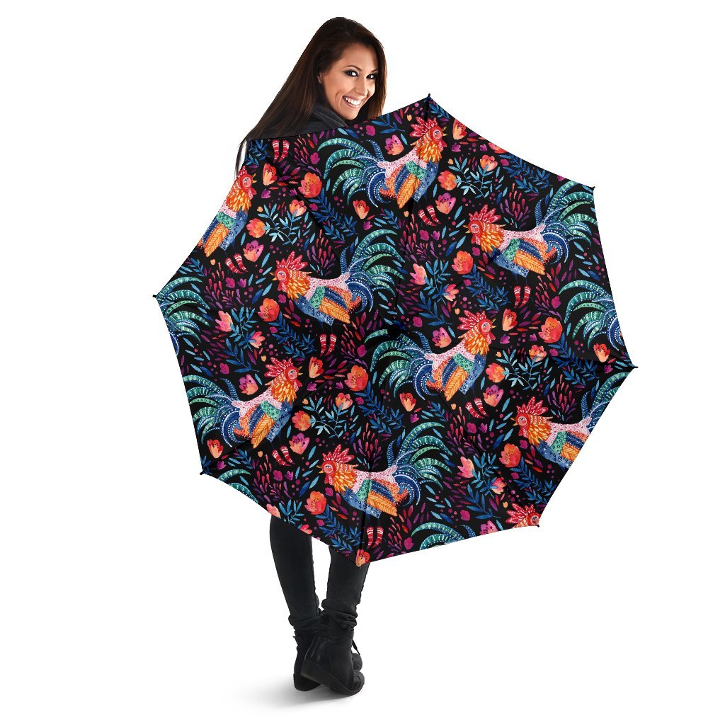 Rooster Hand Drawn Pattern Print Automatic Foldable Umbrella-grizzshop