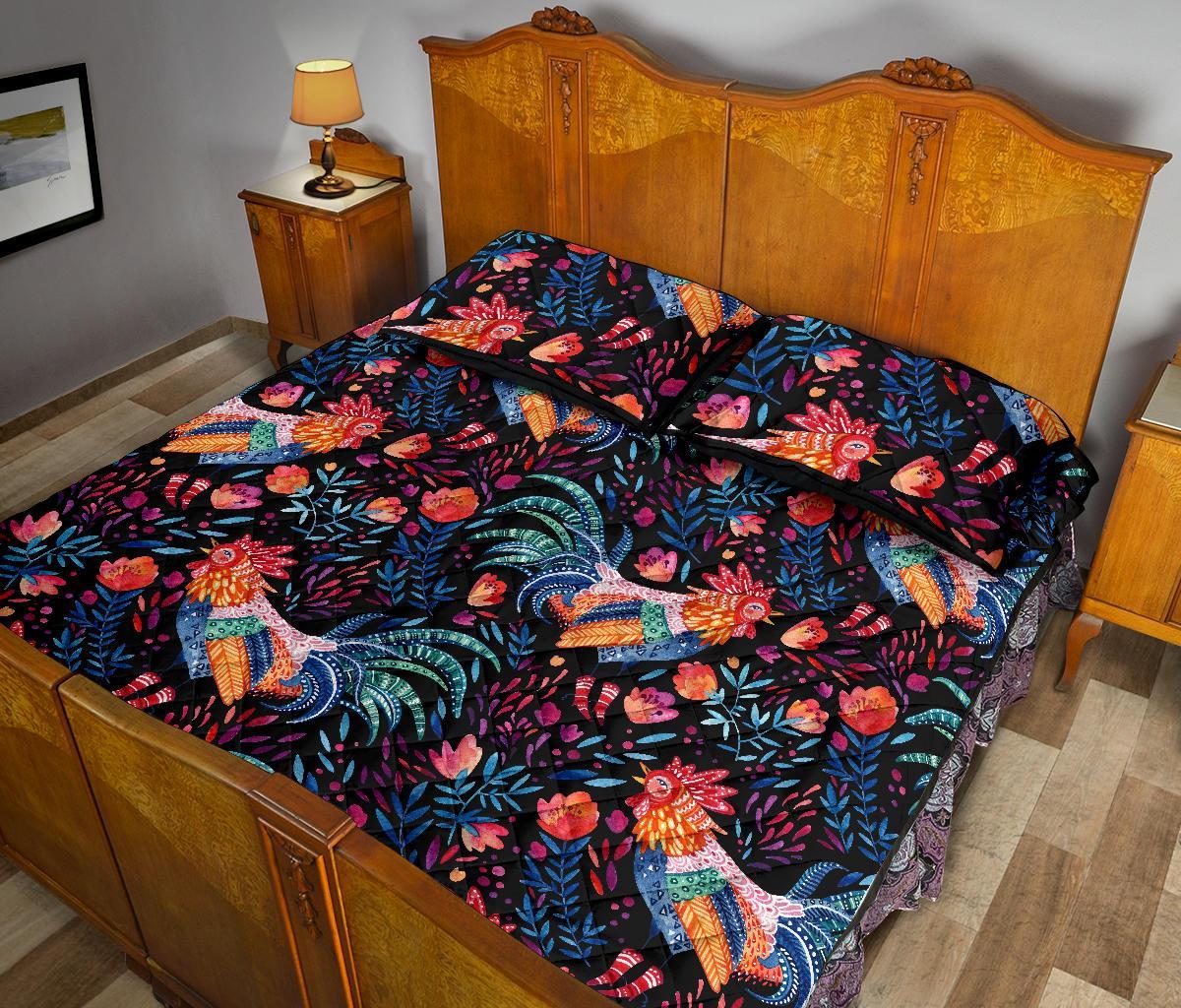 Rooster Hand Drawn Pattern Print Bed Set Quilt-grizzshop