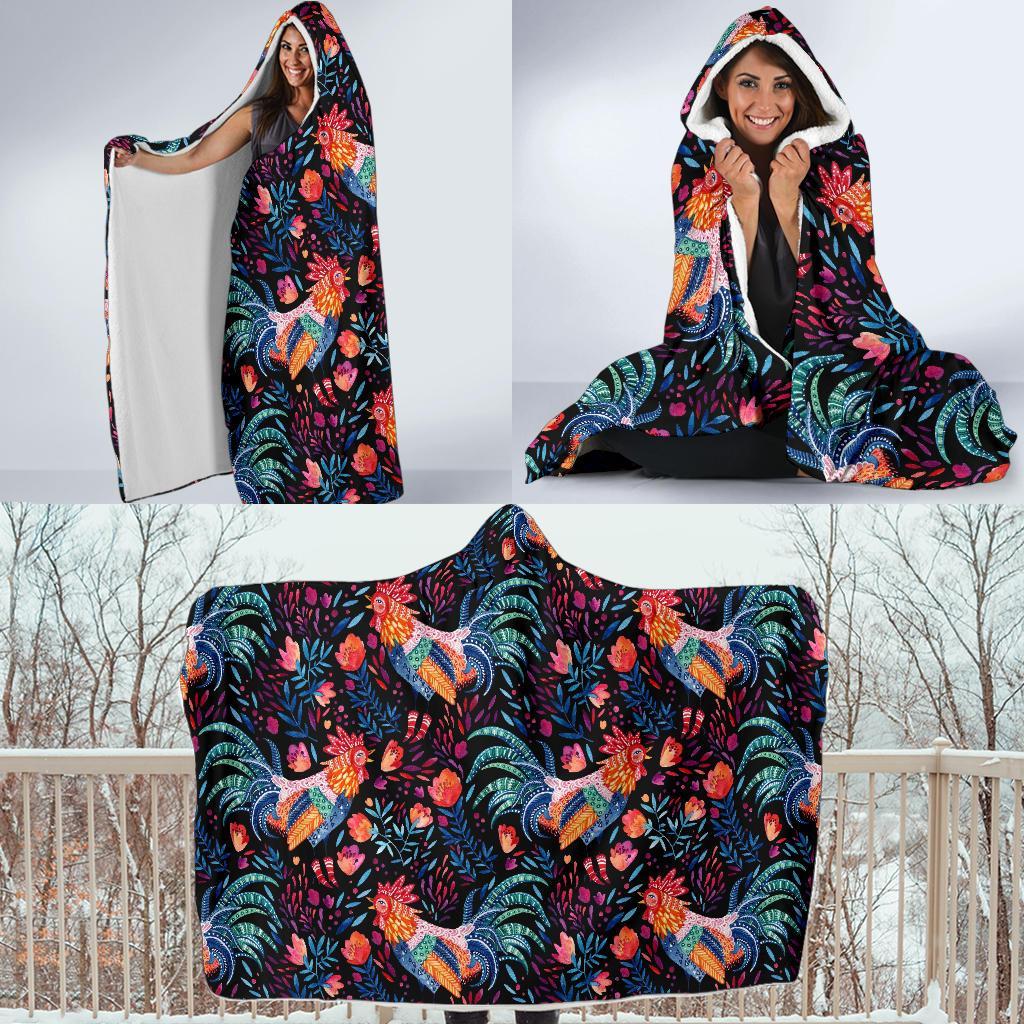 Rooster Hand Drawn Pattern Print Hooded Blanket-grizzshop