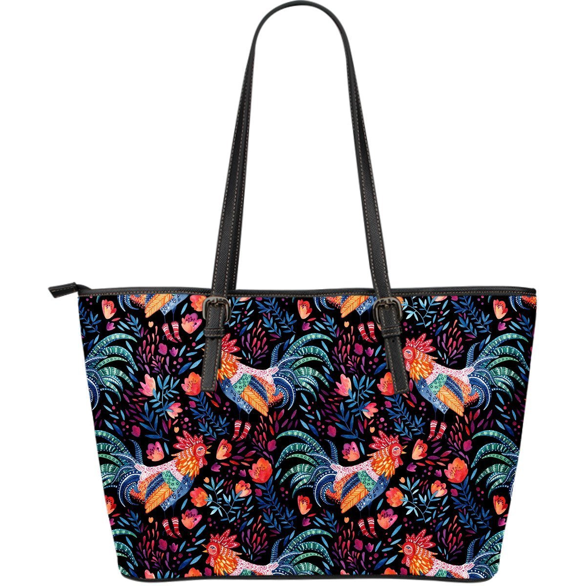 Rooster Hand Drawn Pattern Print Leather Tote Bag-grizzshop