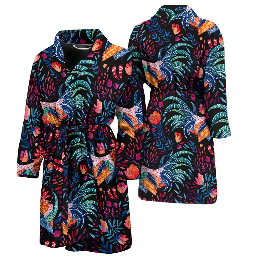 Rooster Hand Drawn Pattern Print Men Long Robe-grizzshop
