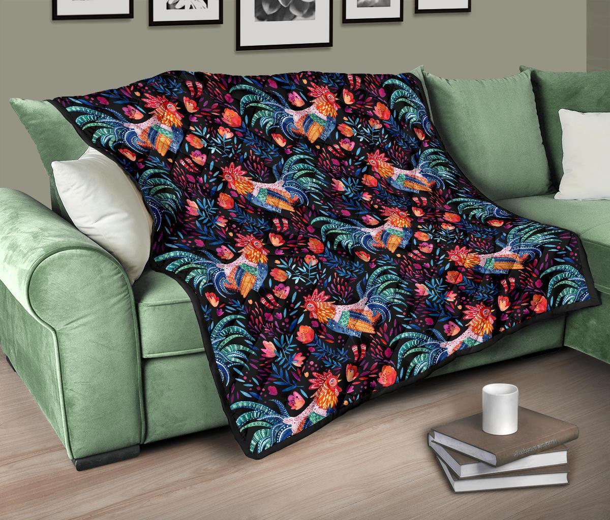 Rooster Hand Drawn Pattern Print Quilt-grizzshop