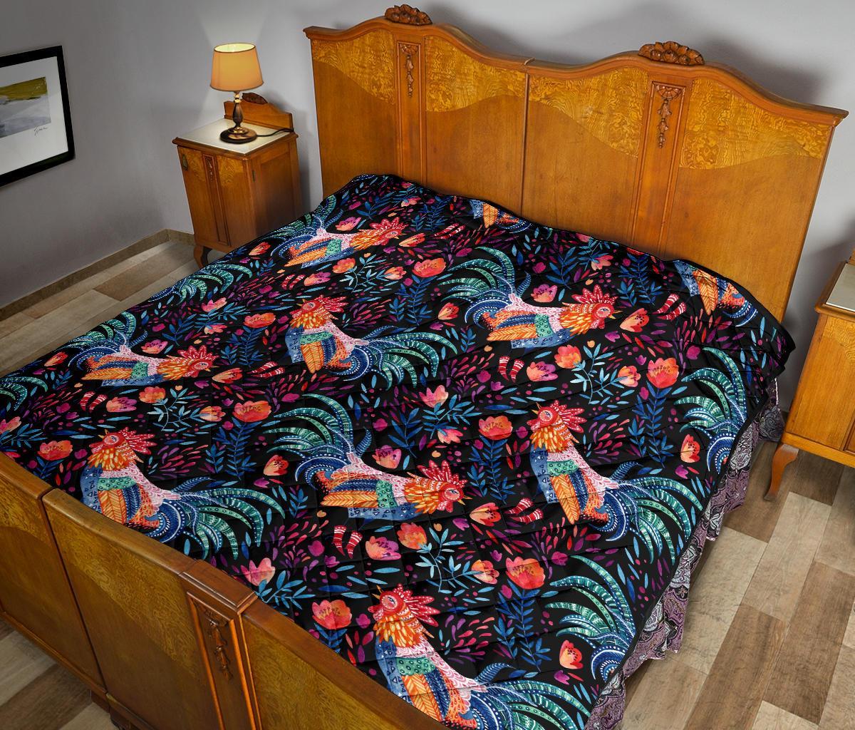 Rooster Hand Drawn Pattern Print Quilt-grizzshop