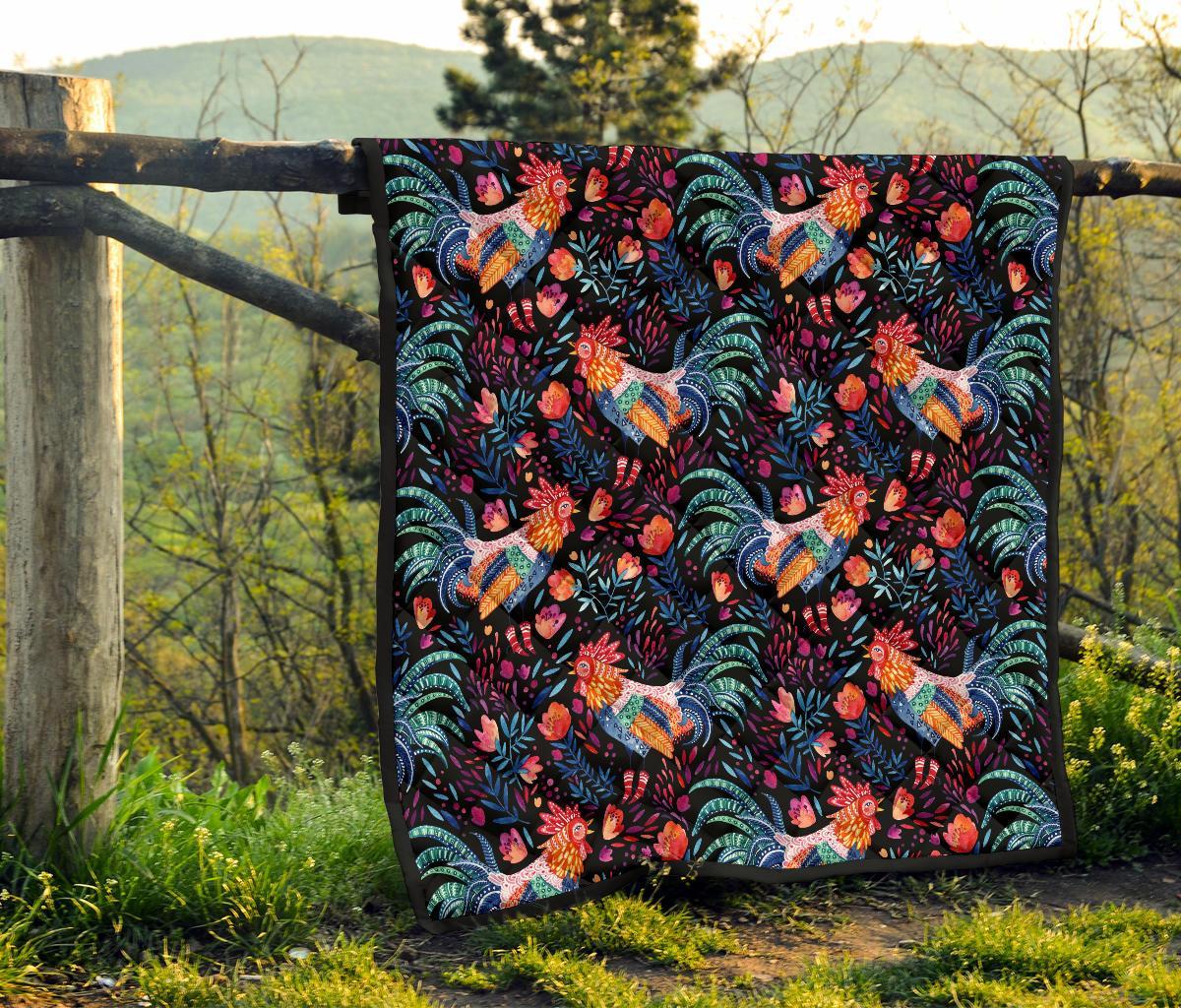 Rooster Hand Drawn Pattern Print Quilt-grizzshop