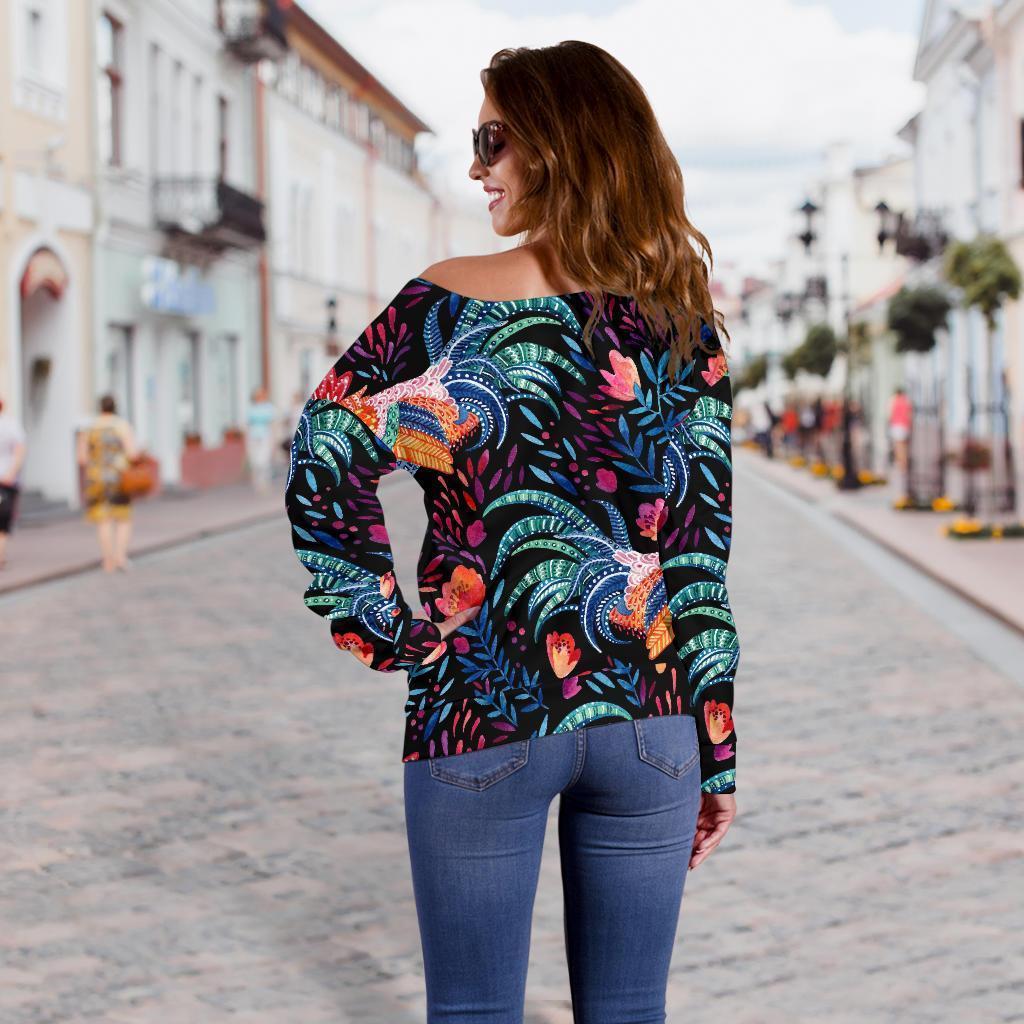 Rooster Hand Drawn Pattern Print Women Off Shoulder Sweatshirt-grizzshop