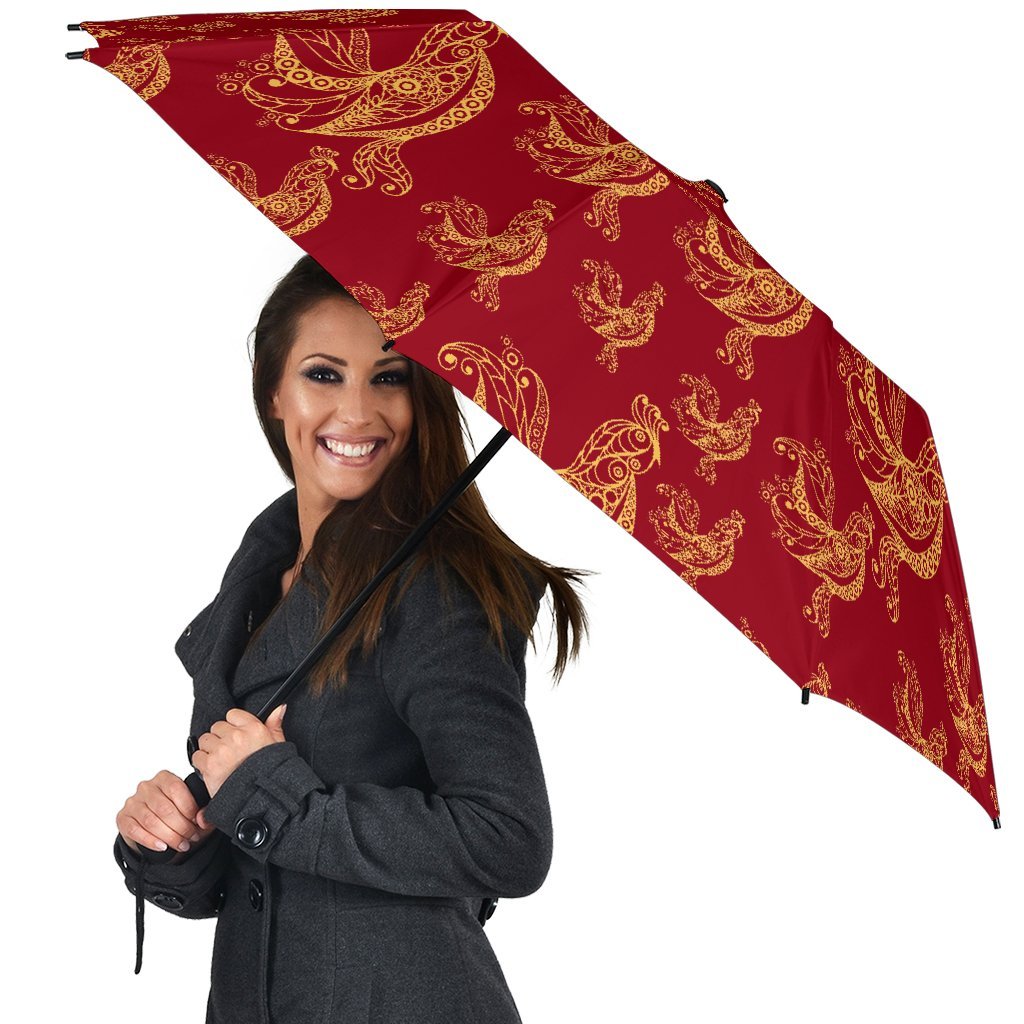 Rooster Pattern Print Automatic Foldable Umbrella-grizzshop