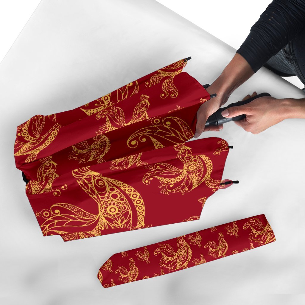 Rooster Pattern Print Automatic Foldable Umbrella-grizzshop