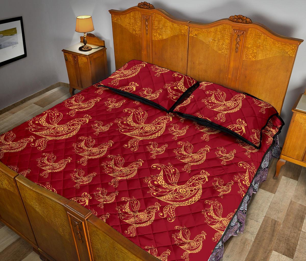 Rooster Pattern Print Bed Set Quilt-grizzshop
