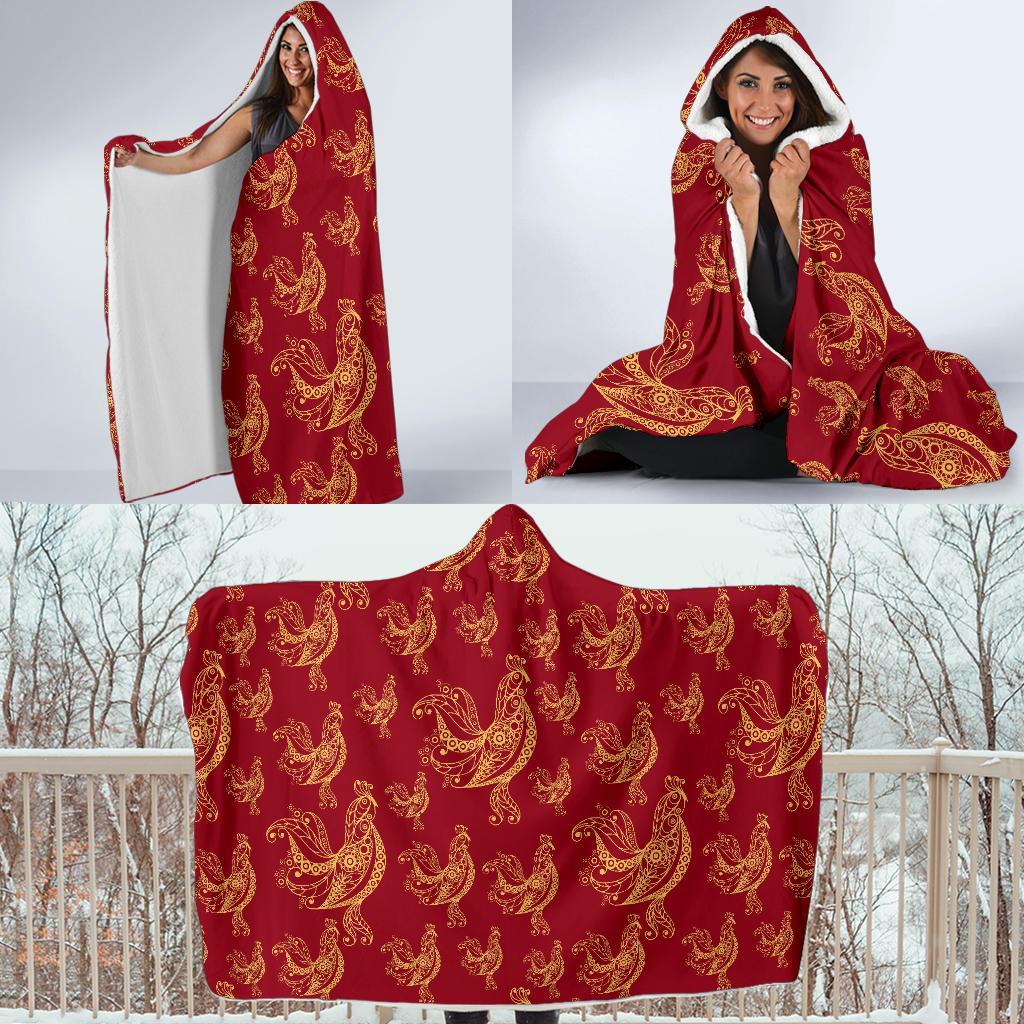 Rooster Pattern Print Hooded Blanket-grizzshop