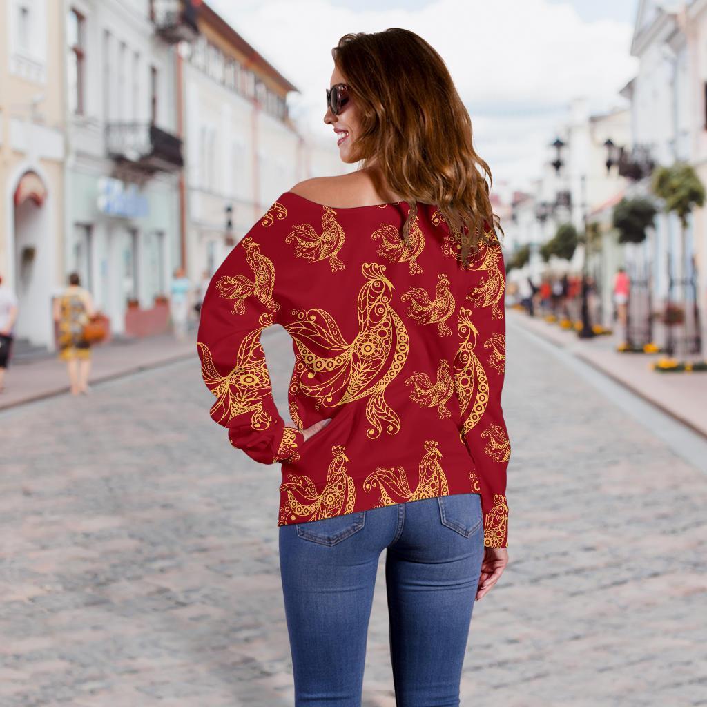 Rooster Pattern Print Women Off Shoulder Sweatshirt-grizzshop