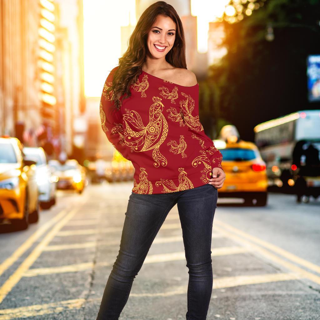 Rooster Pattern Print Women Off Shoulder Sweatshirt-grizzshop