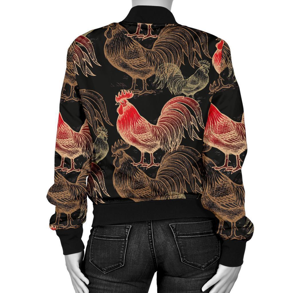 Rooster Print Pattern Women Casual Bomber Jacket-grizzshop