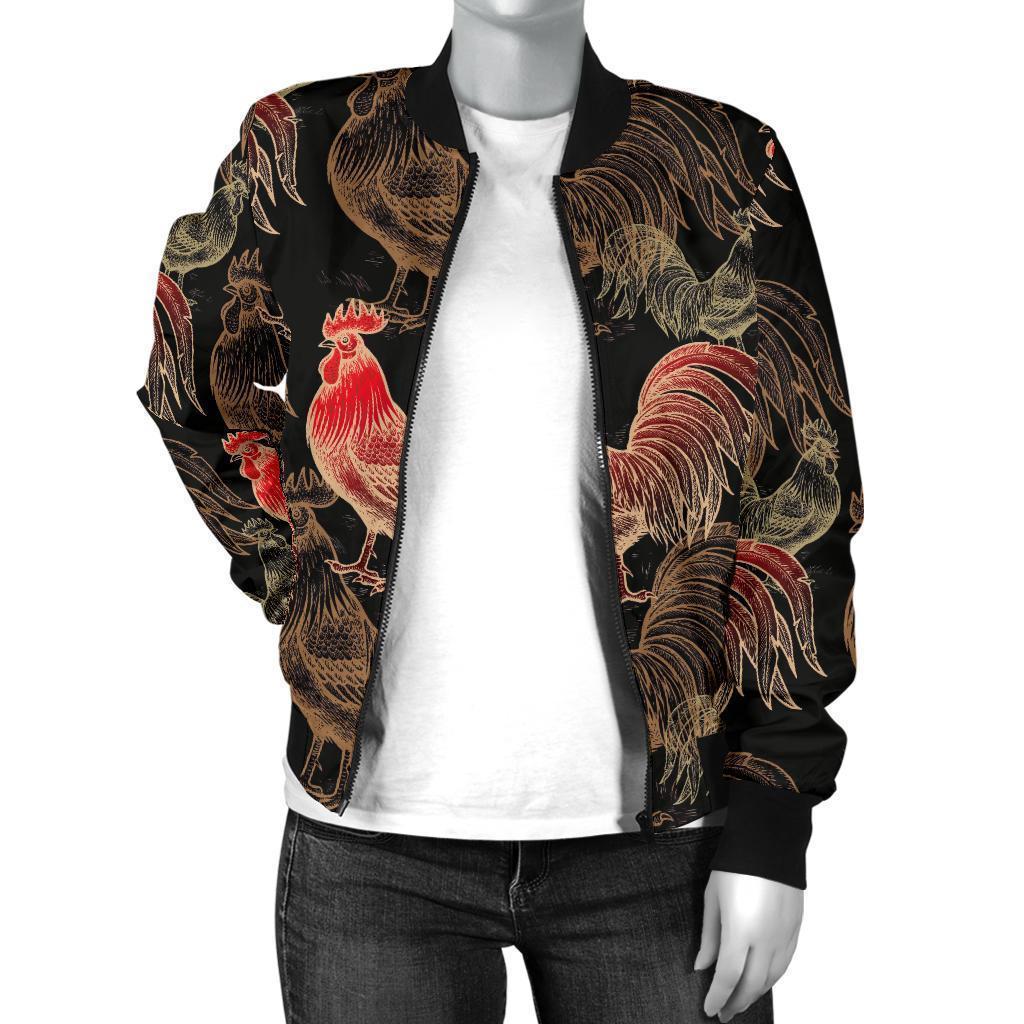 Rooster Print Pattern Women Casual Bomber Jacket-grizzshop