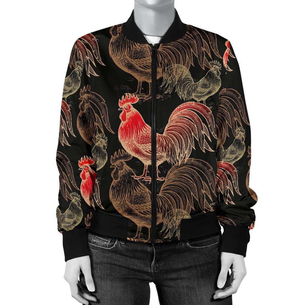 Rooster Print Pattern Women Casual Bomber Jacket-grizzshop