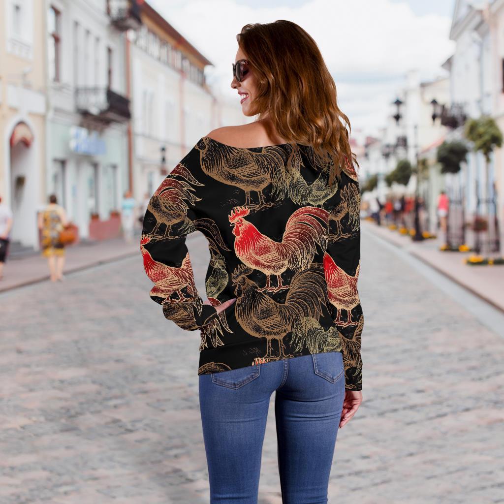 Rooster Print Pattern Women Off Shoulder Sweatshirt-grizzshop