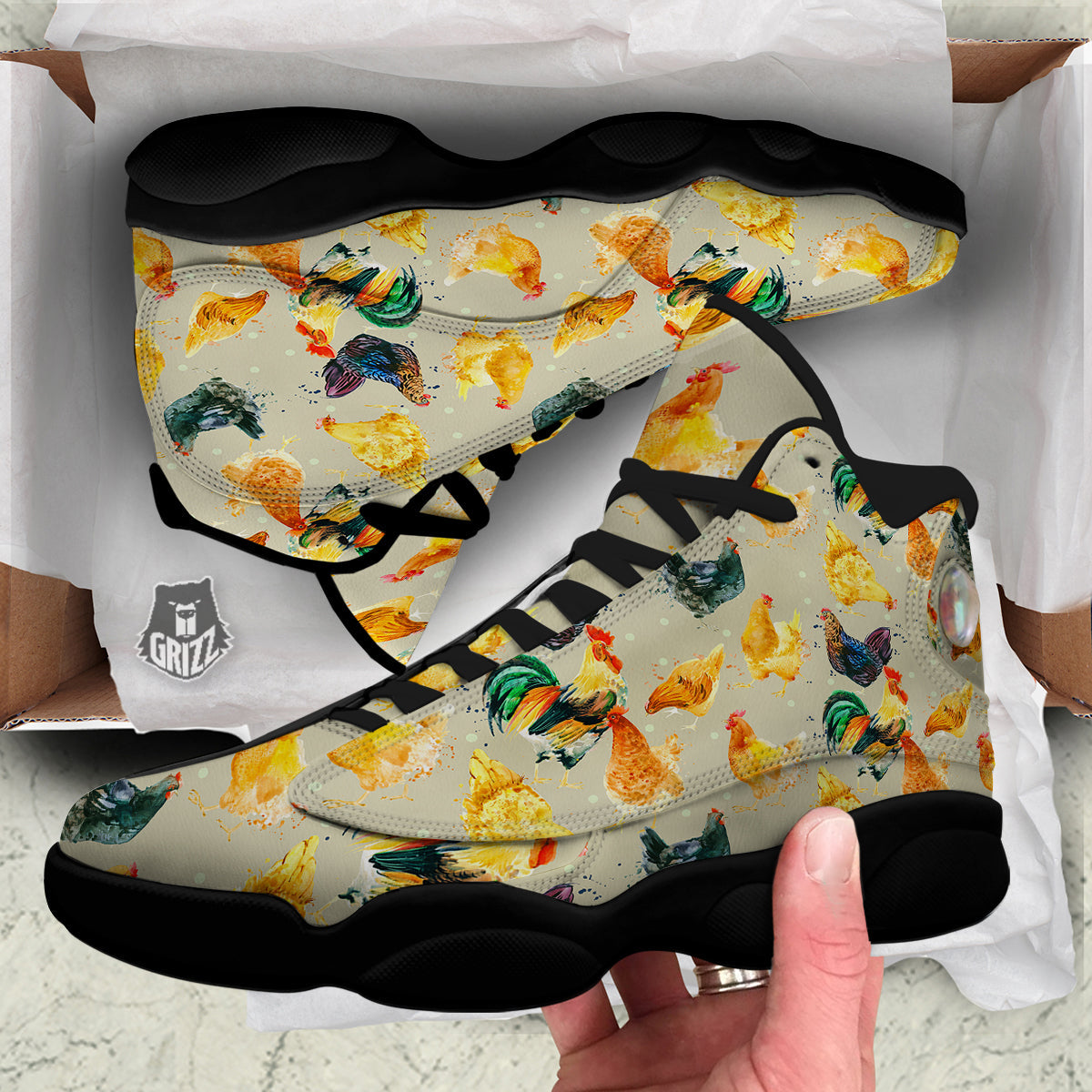 Rooster Watercolor Print Pattern Black Basketball Shoes-grizzshop