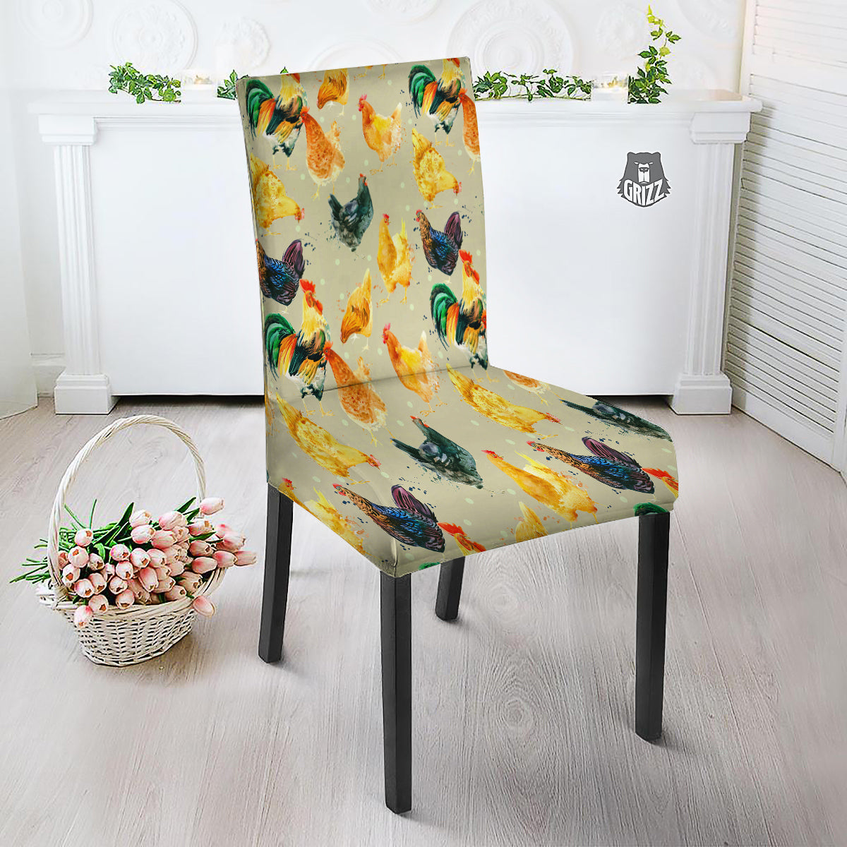 Rooster Watercolor Print Pattern Dining Chair Slipcover-grizzshop