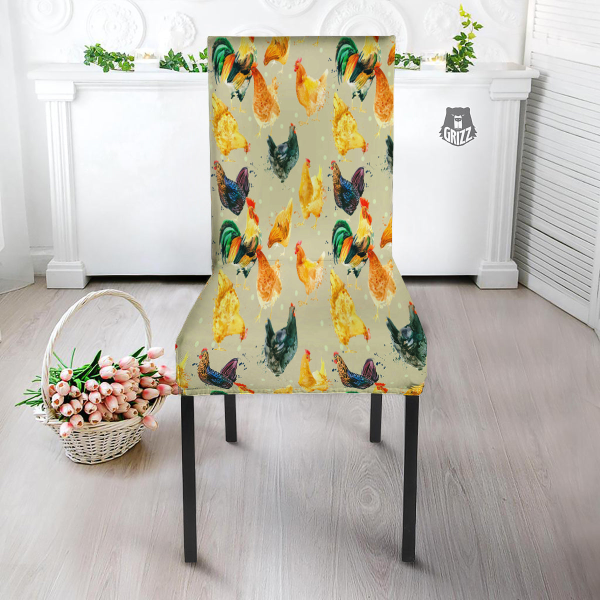 Rooster Watercolor Print Pattern Dining Chair Slipcover-grizzshop
