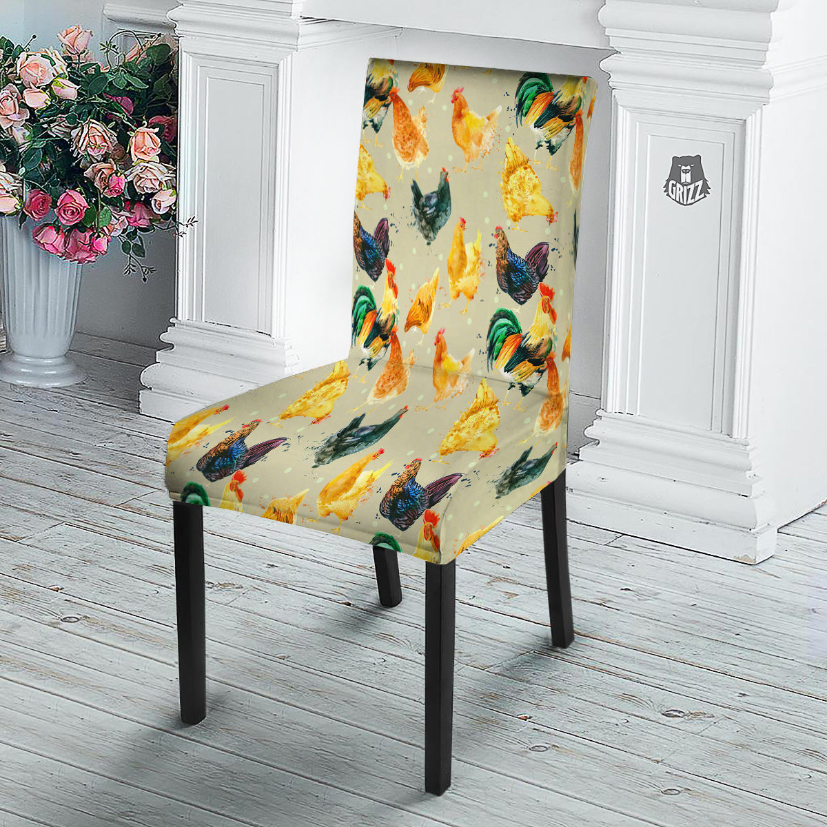 Rooster Watercolor Print Pattern Dining Chair Slipcover-grizzshop
