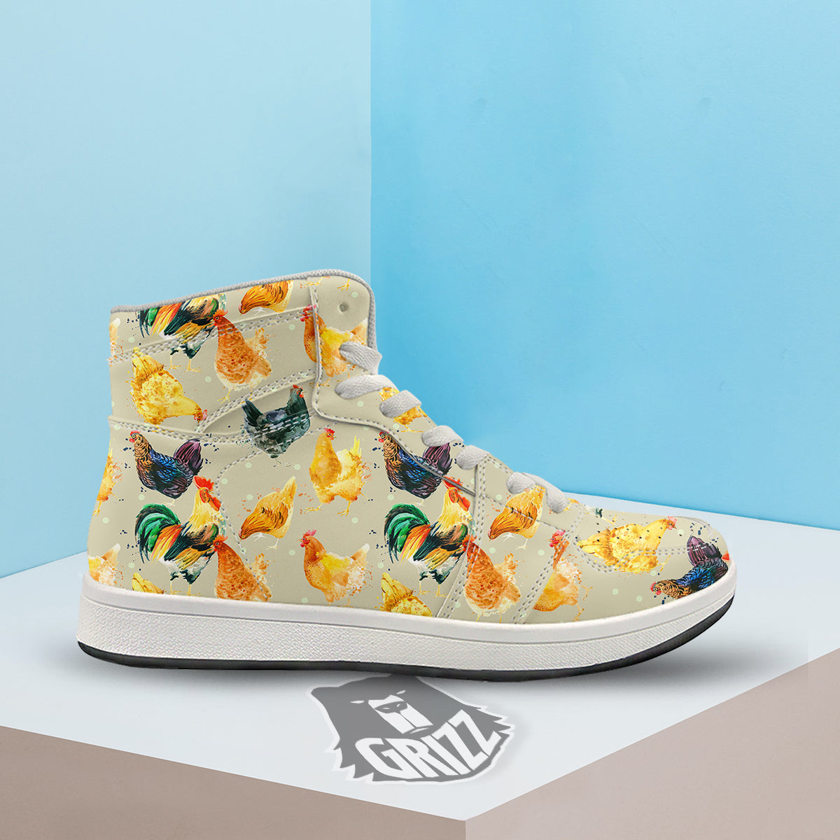 Rooster Watercolor Print Pattern High Top Sneakers-grizzshop