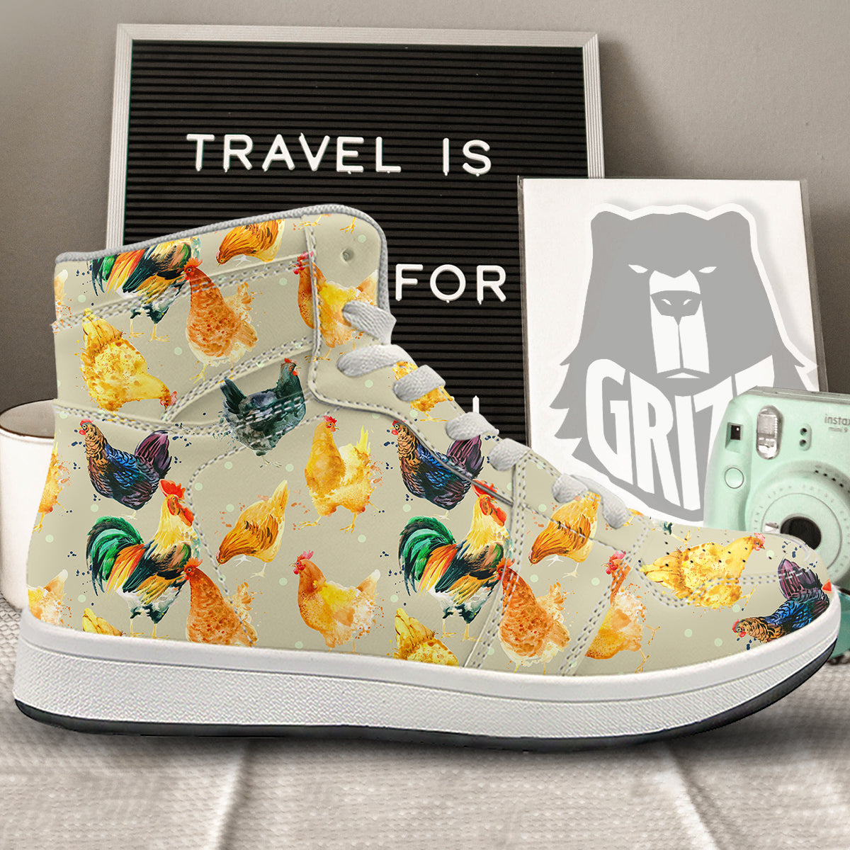 Rooster Watercolor Print Pattern High Top Sneakers-grizzshop