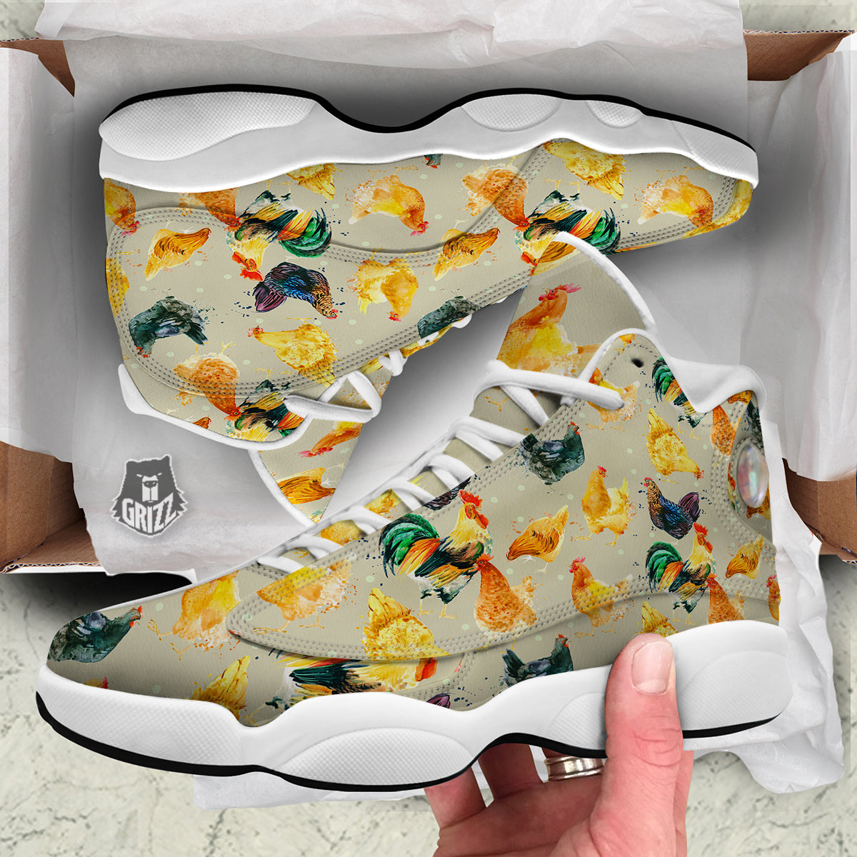 Rooster Watercolor Print Pattern White Basketball Shoes-grizzshop