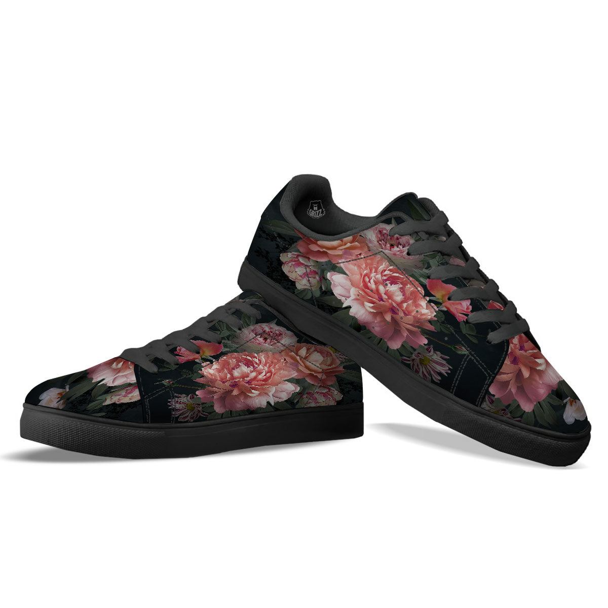 Rose And Peony Print Black Low Top Sneakers-grizzshop