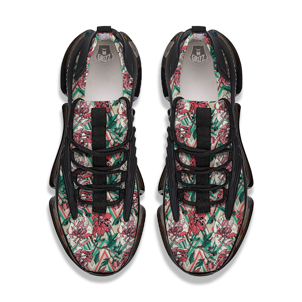 Rose And Zigzag Peony Print Pattern Black Gym Shoes-grizzshop