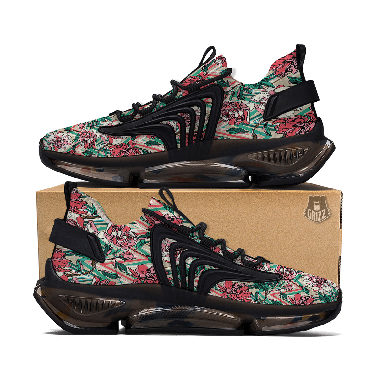 Rose And Zigzag Peony Print Pattern Black Gym Shoes-grizzshop