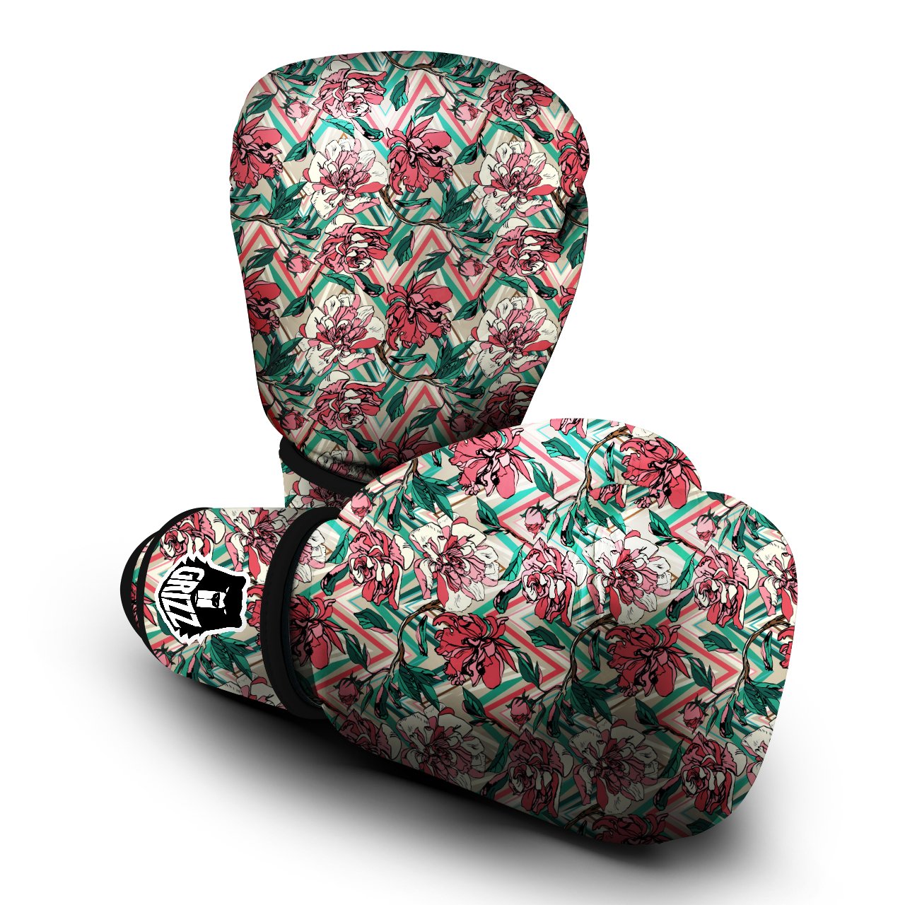 Rose And Zigzag Peony Print Pattern Boxing Gloves-grizzshop