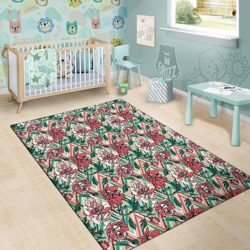 Rose And Zigzag Peony Print Pattern Floor Mat-grizzshop