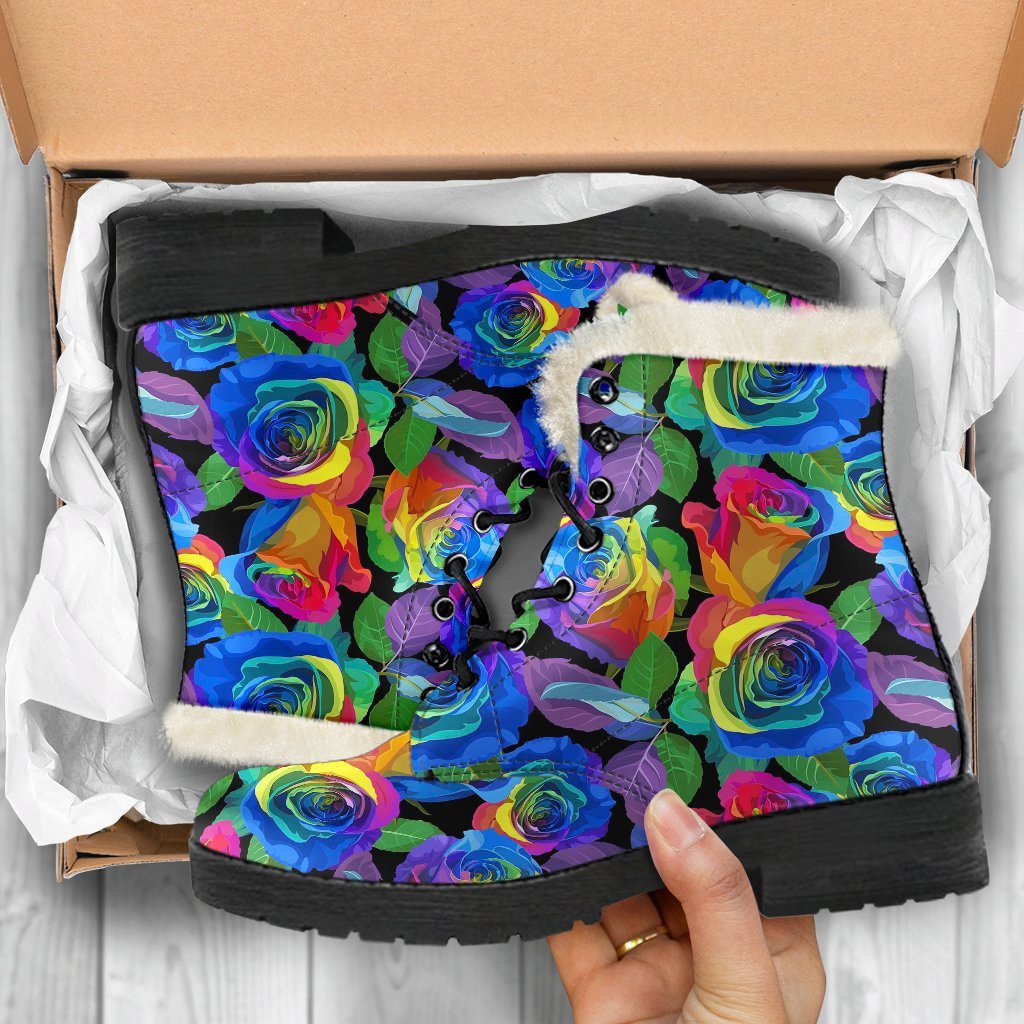 Rose Colorful Rainbow Pattern Print Comfy Winter Boots-grizzshop