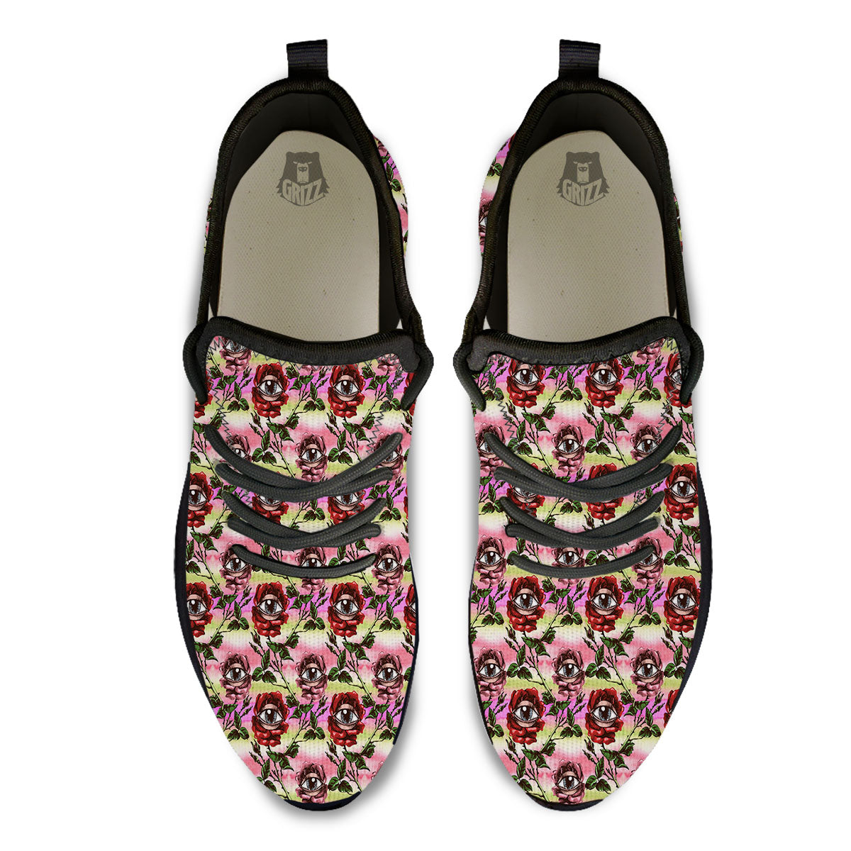 Rose Eyeball Print Pattern Black Athletic Shoes-grizzshop