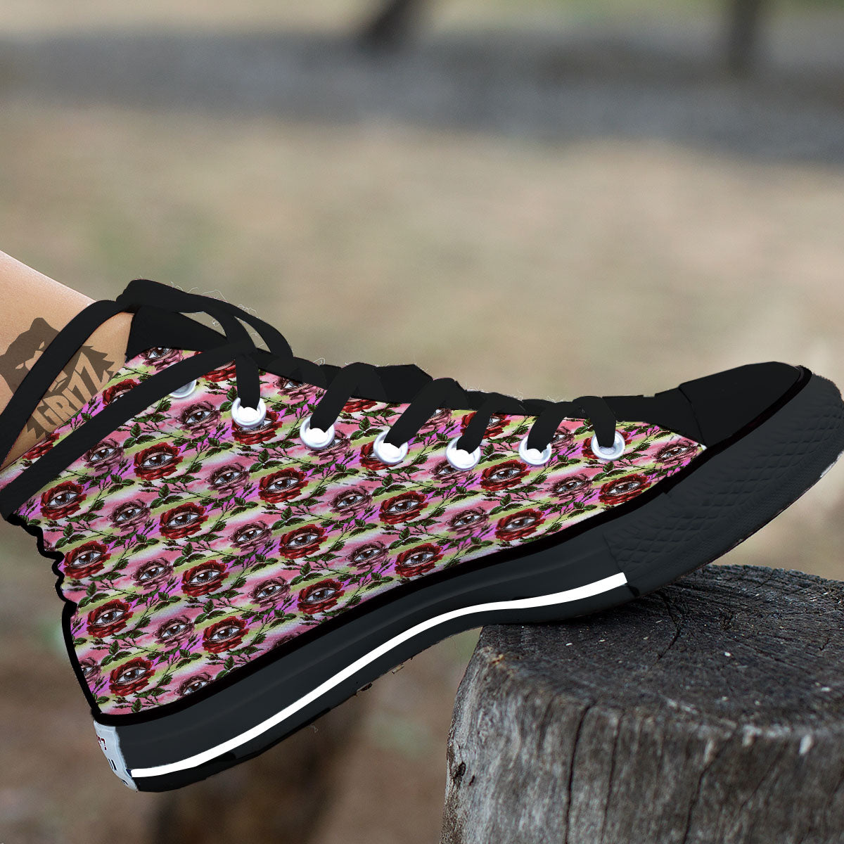 Rose Eyeball Print Pattern Black High Top Shoes-grizzshop