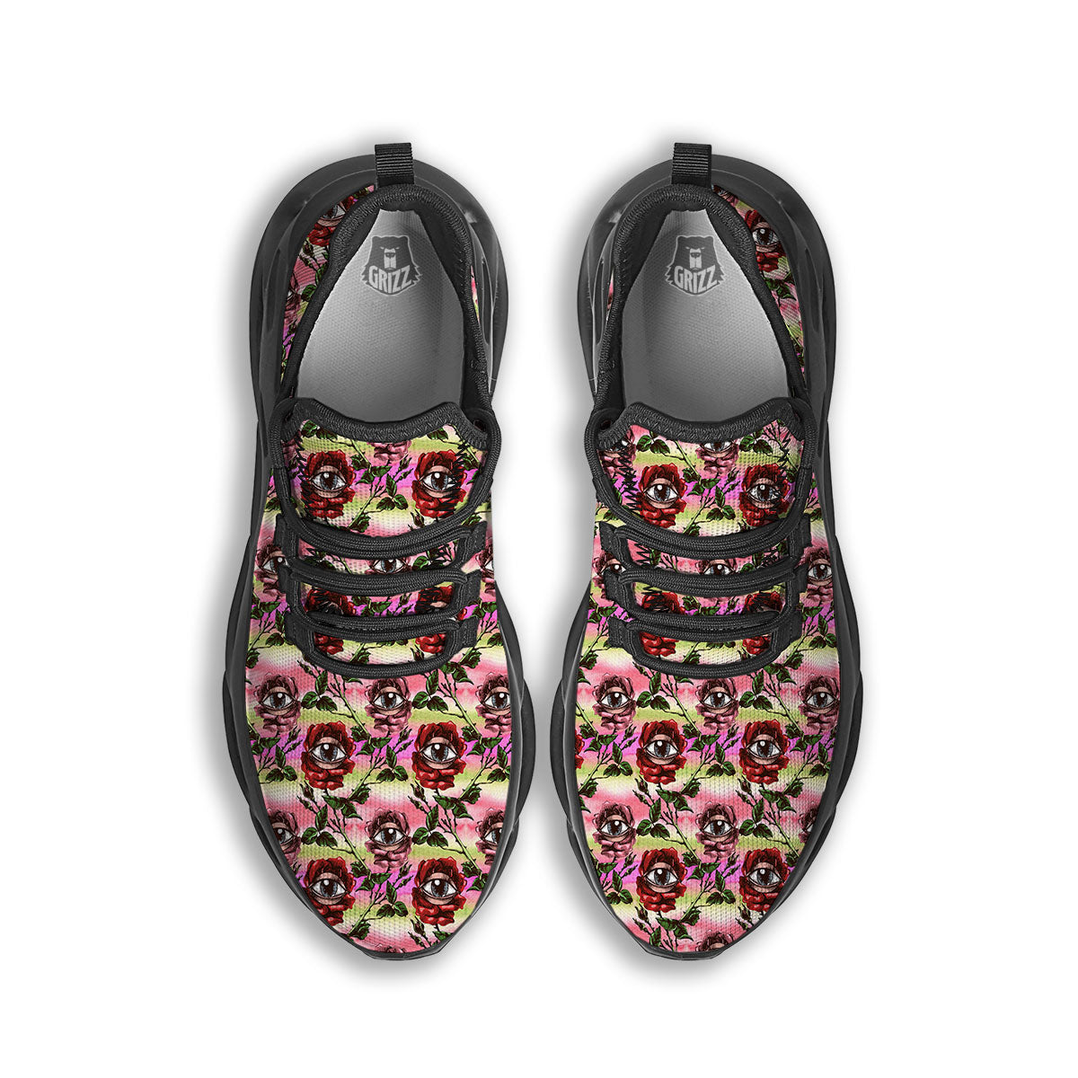 Rose Eyeball Print Pattern Black Running Shoes-grizzshop