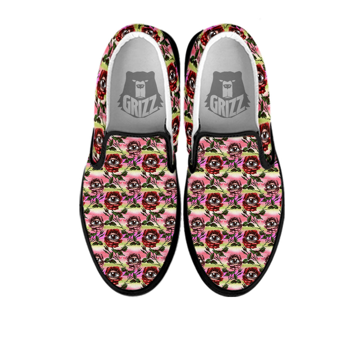 Rose Eyeball Print Pattern Black Slip On Shoes-grizzshop