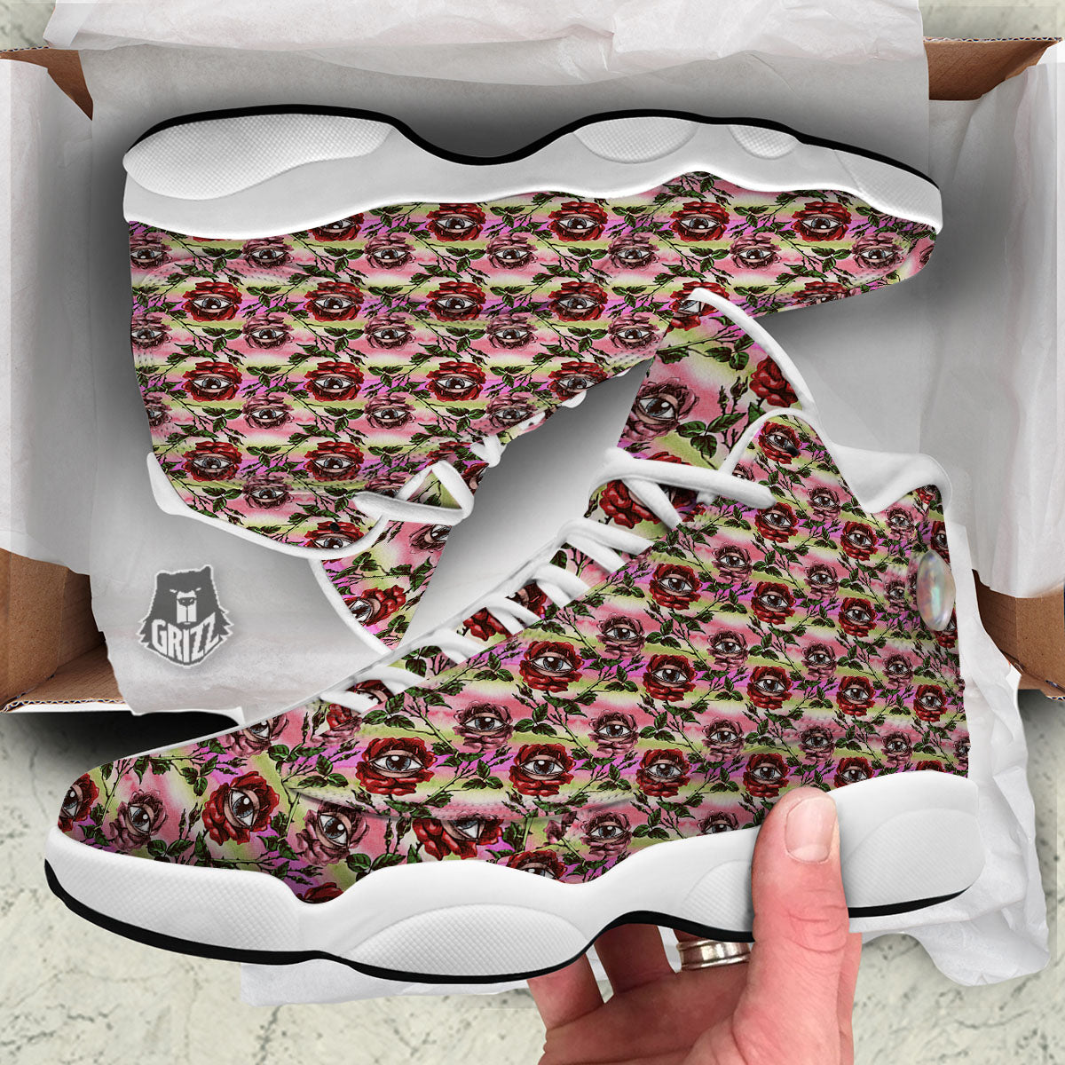 Rose Eyeball Print Pattern White Basketball Shoes-grizzshop