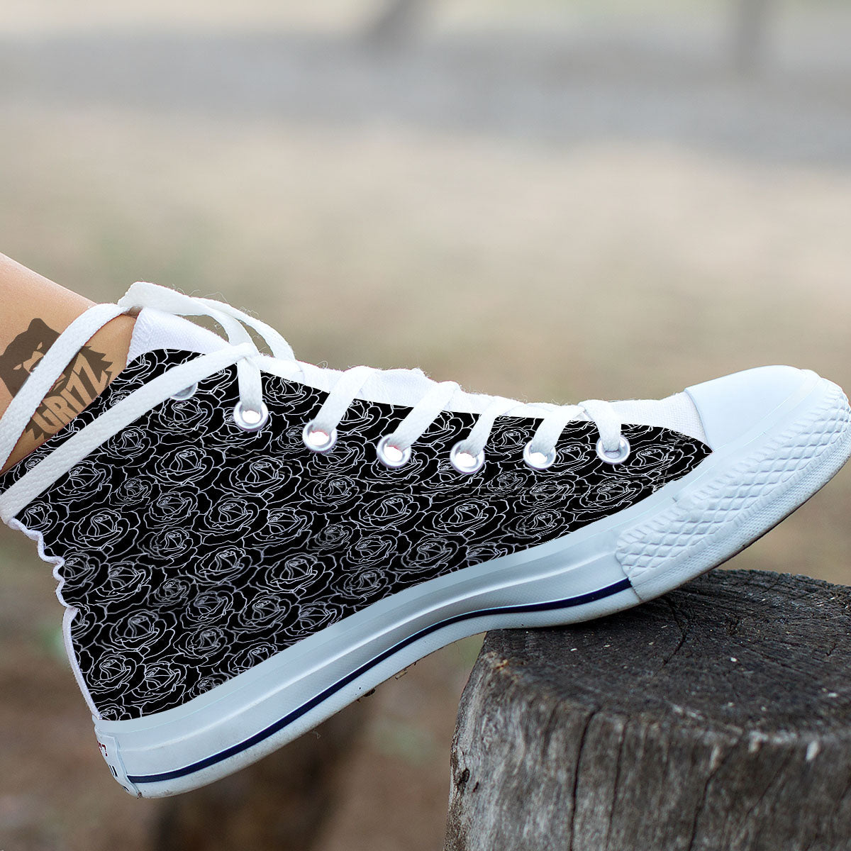 Rose Floral Black Print Pattern White High Top Shoes-grizzshop