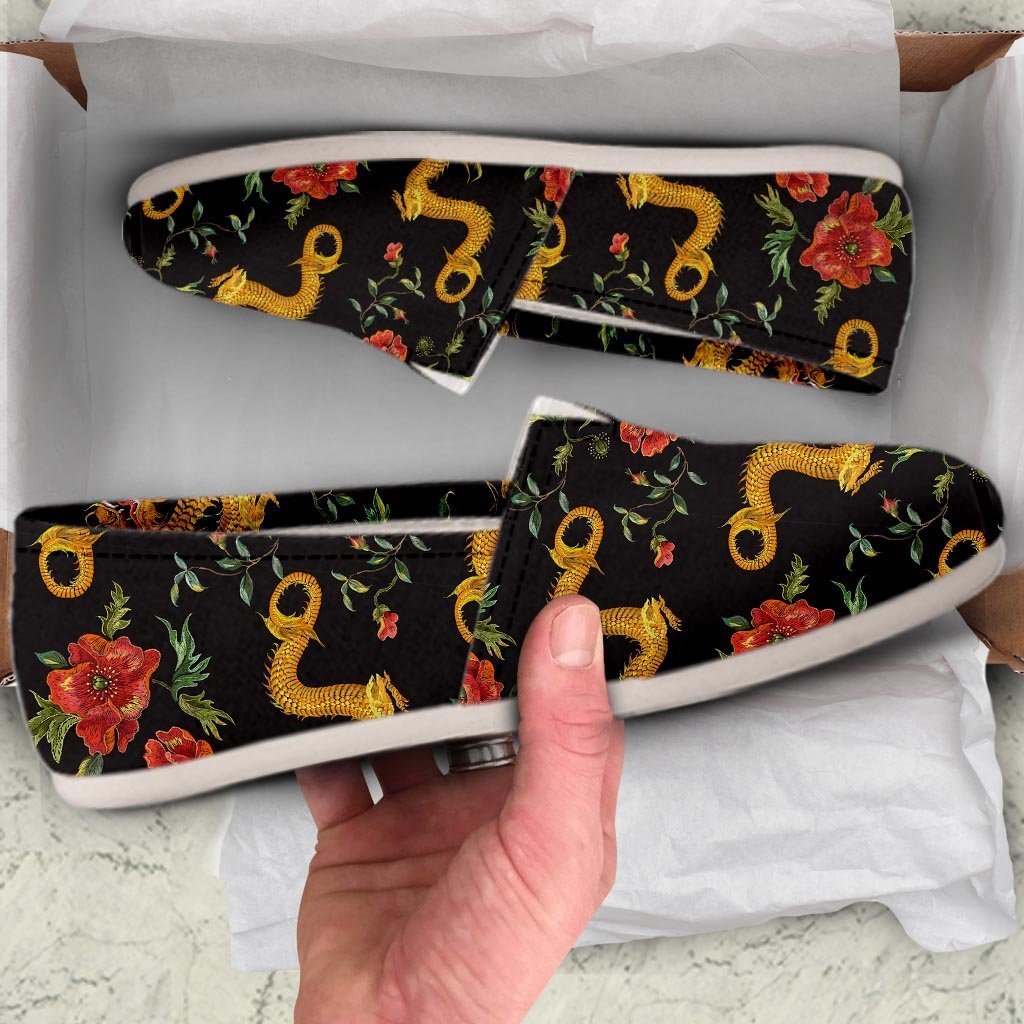 Rose Floral Golden Dragon Print Canvas Shoes-grizzshop