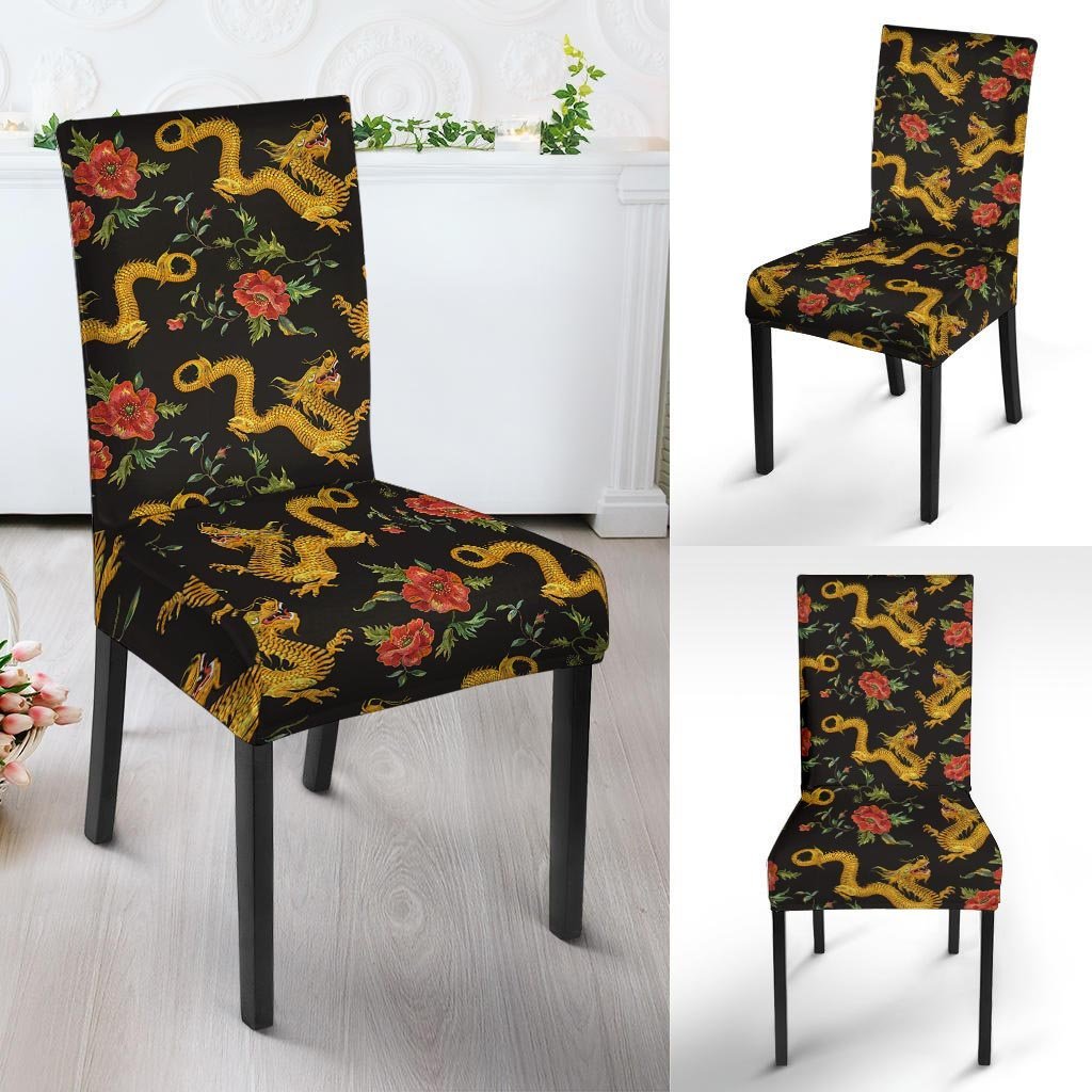 Rose Floral Golden Dragon Print Chair Cover-grizzshop