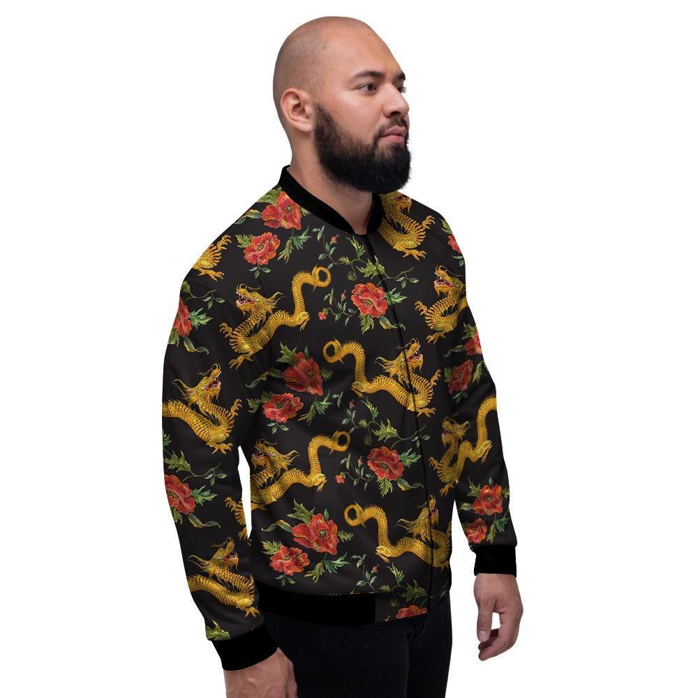 Rose Floral Golden Dragon Print Men's Bomber Jacket-grizzshop