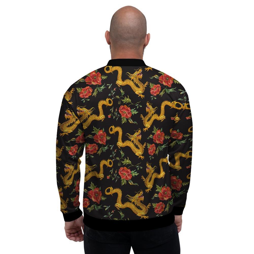 Rose Floral Golden Dragon Print Men's Bomber Jacket-grizzshop