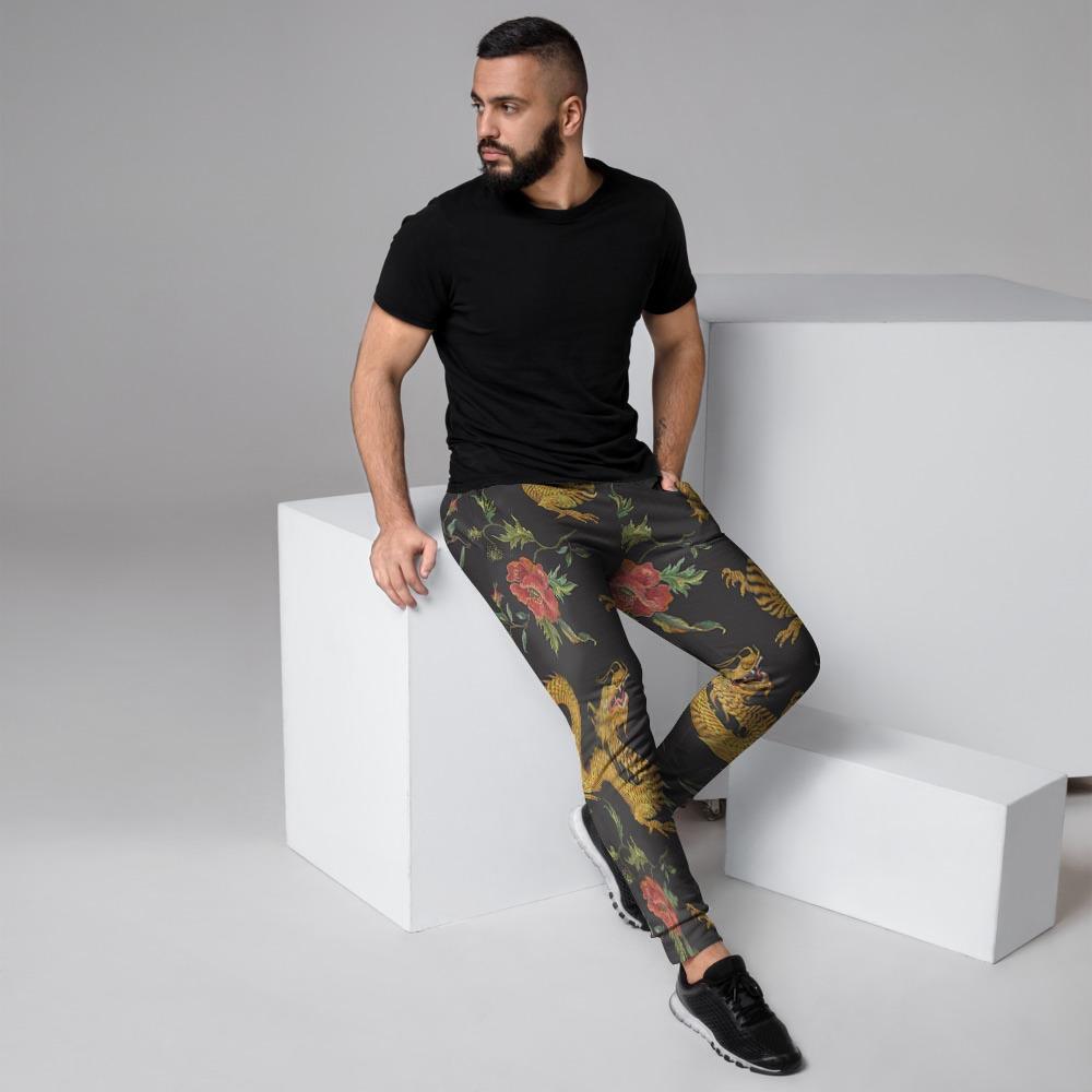 Rose Floral Golden Dragon Print Men's Joggers-grizzshop