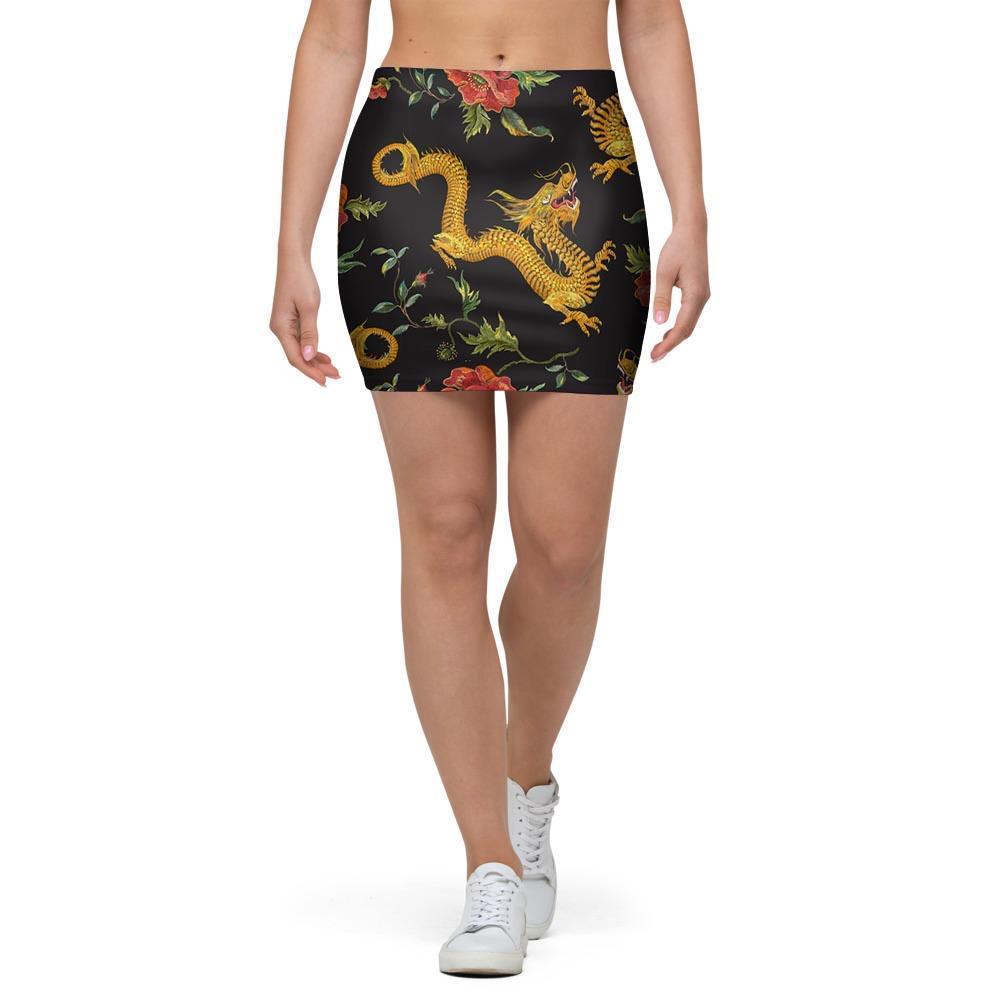 Rose Floral Golden Dragon Print Mini Skirt-grizzshop