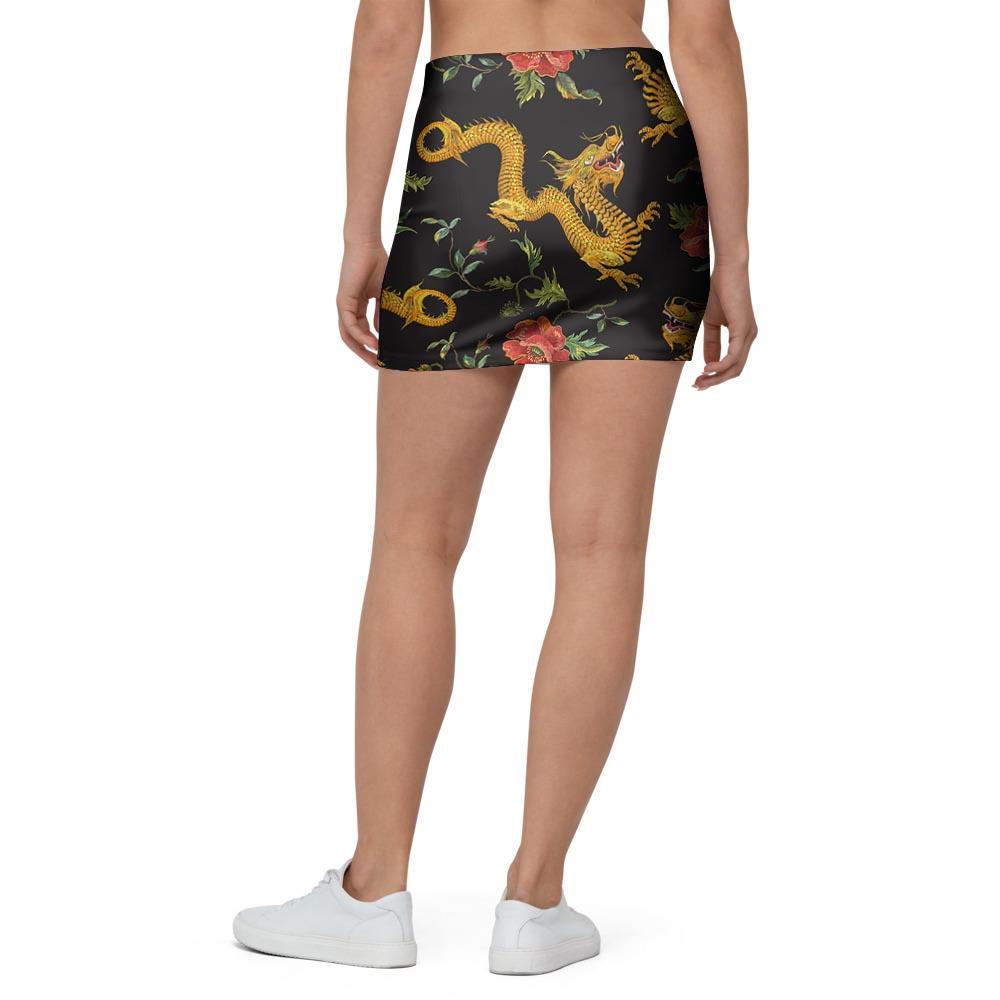 Rose Floral Golden Dragon Print Mini Skirt-grizzshop